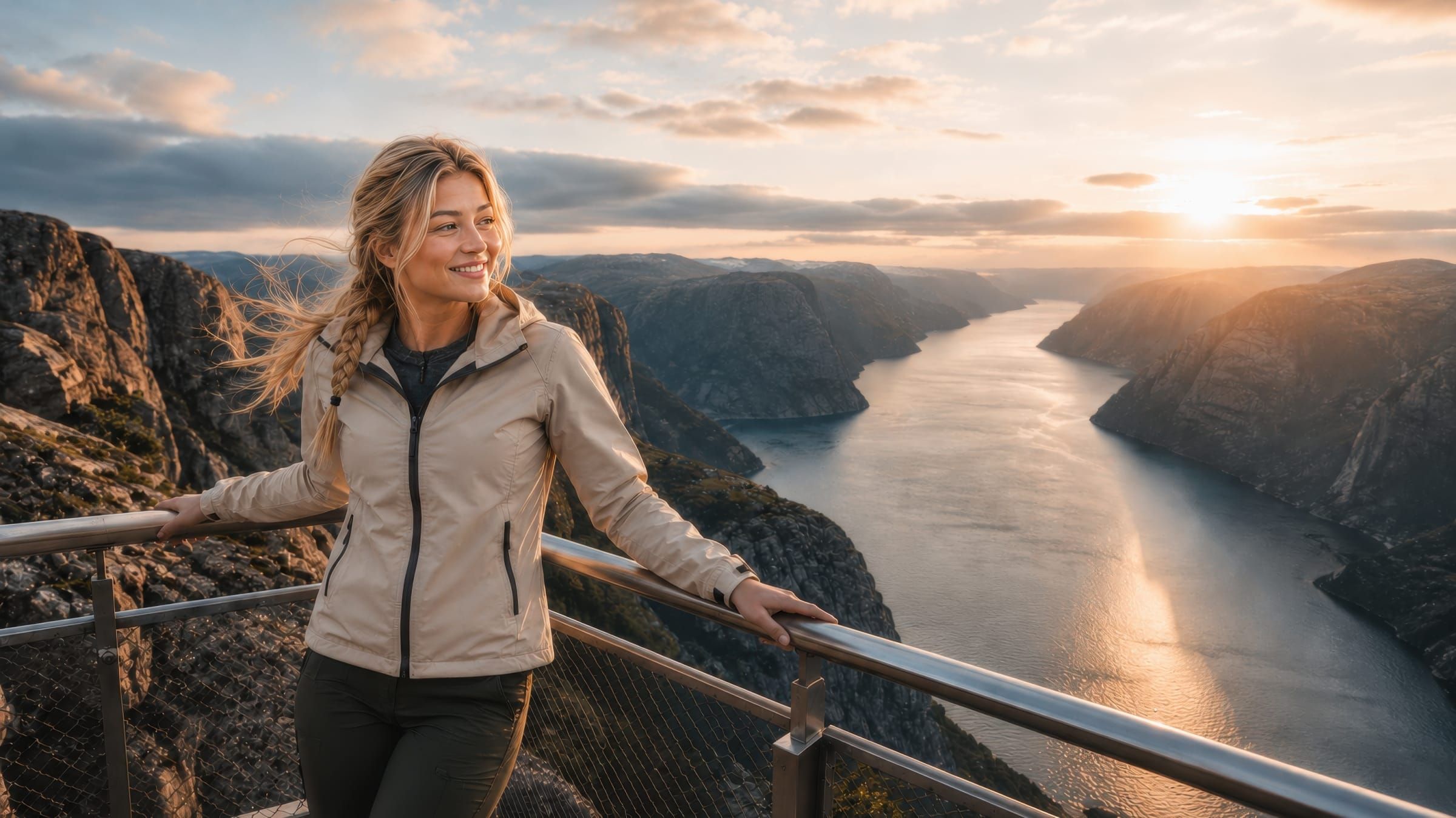 Traveler above a Norwegian fjord at sunset