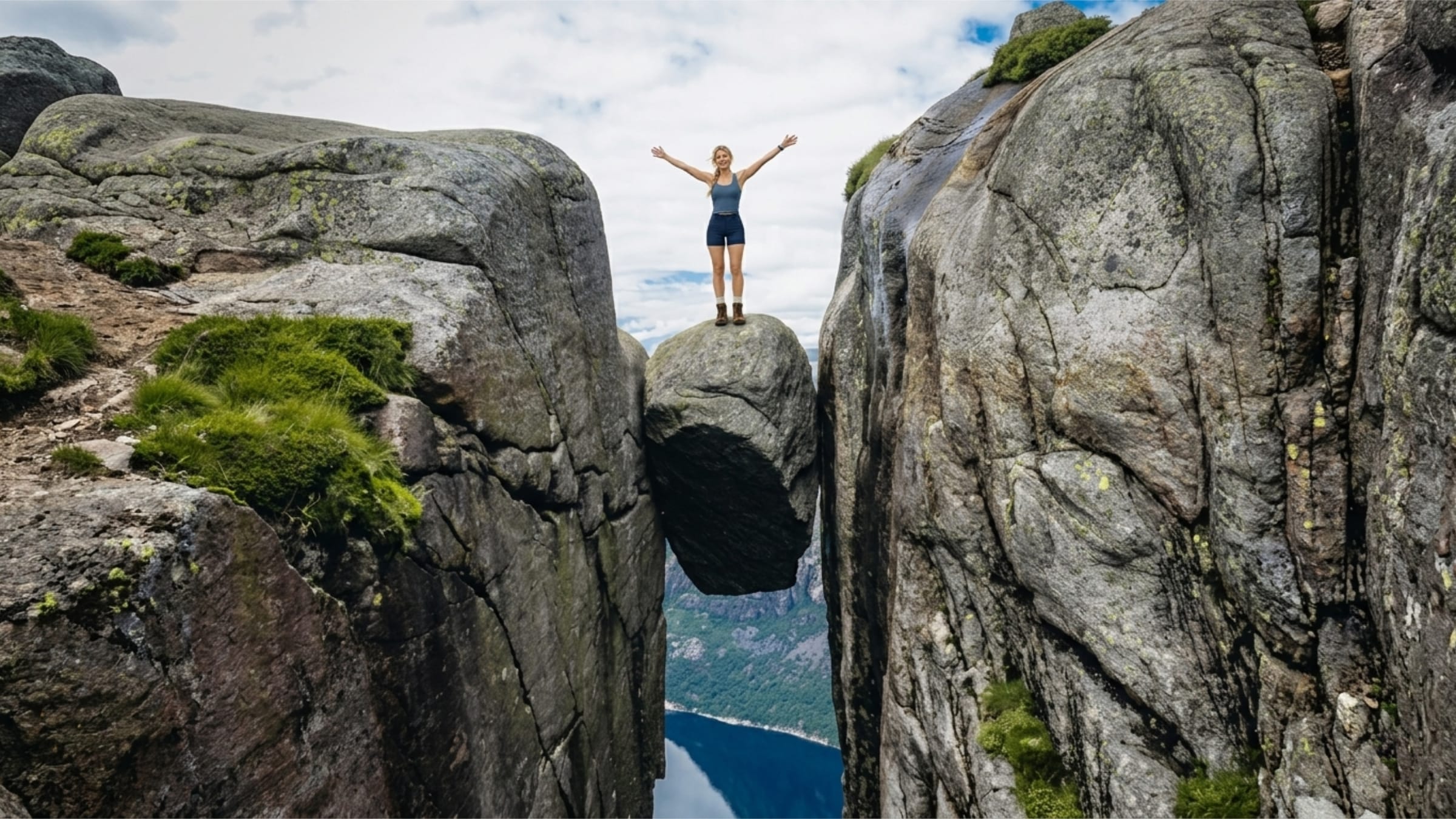 Kjeragbolten boulder suspended above Lysefjord in Norway