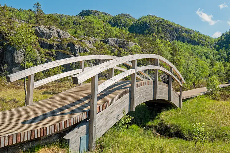 Wooden bridge crossing marshland below the Preikestolen rock sections