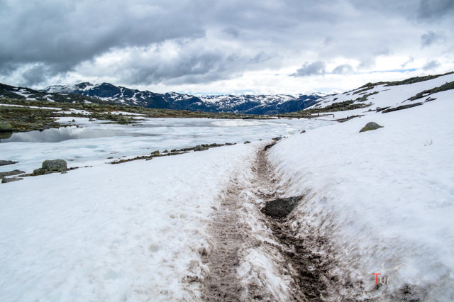 Snow patches on the Trolltunga route in Norway