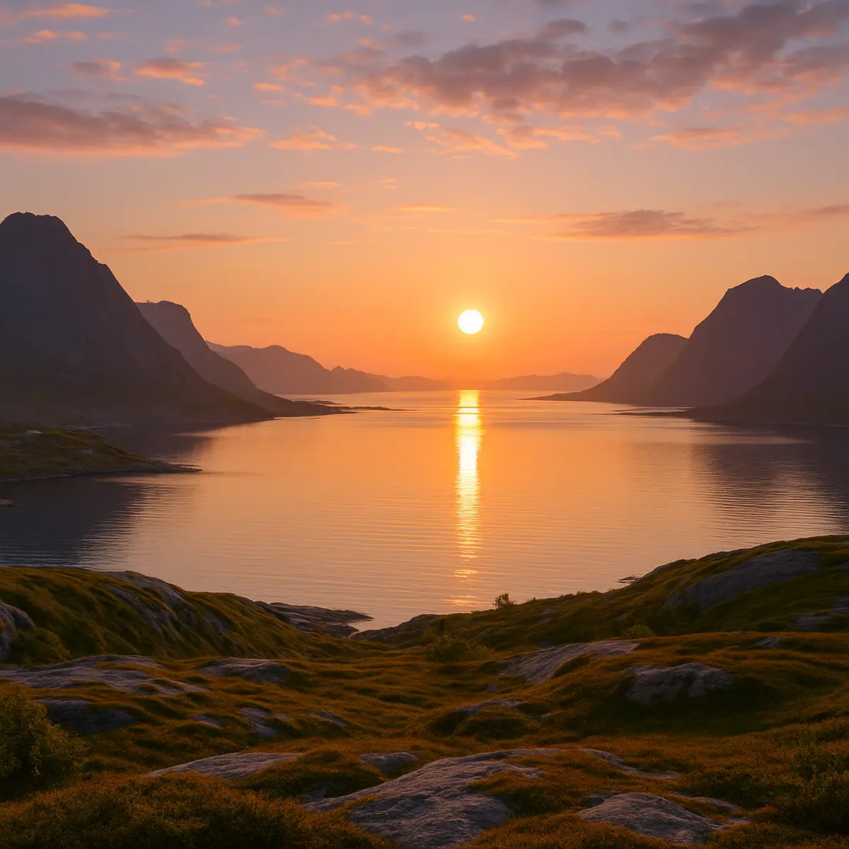 A breathtaking view of a Norwegian fjord during the midnight sun phenomenon - the sun just above the horizon, an intensely orange sky, and the reflected light on the calm water, surrounded by the dark silhouettes of mountains