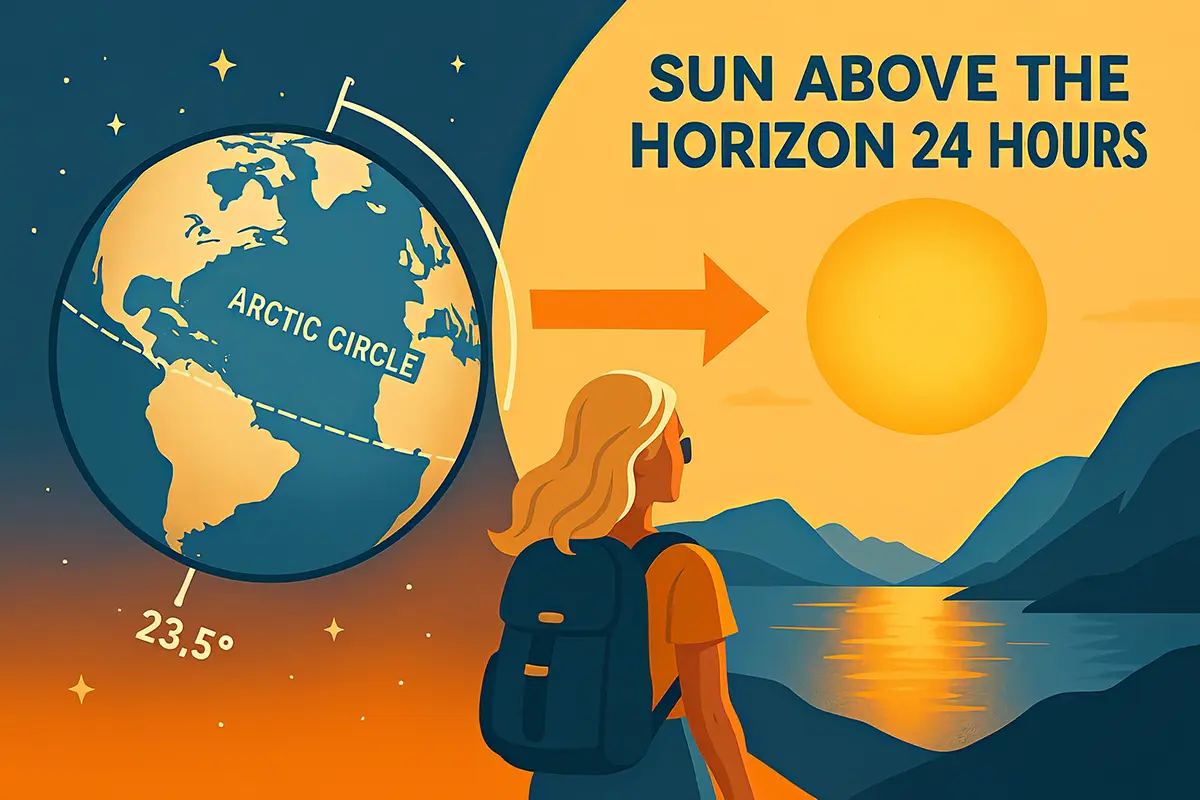 Educational illustration: a globe with the Arctic Circle marked and the Earth's axis tilt, an arrow leads to a large sun shining above the horizon for 24 hours, below, a woman with a backpack admires a fjord landscape in the light of the midnight sun.