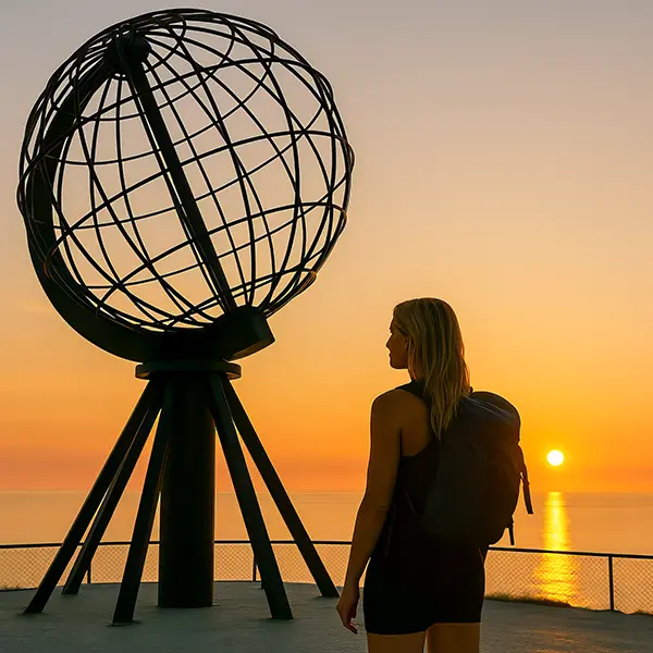 A blonde woman with a backpack stands at North Cape, looking at the metal globe and the midnight sun hanging over the Arctic Ocean, the entire scene bathed in golden polar light - a symbolic end of Europe