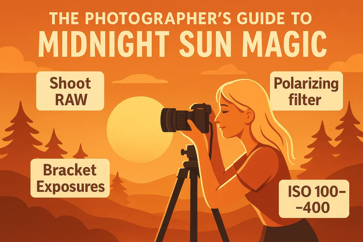 Illustration: A smiling blonde woman is taking photos with a camera on a tripod in the warm light of the midnight sun. Around her are key photography tips set against a backdrop of orange mountains and forest. Title: The Photographer's Guide to Midnight Sun Magic.