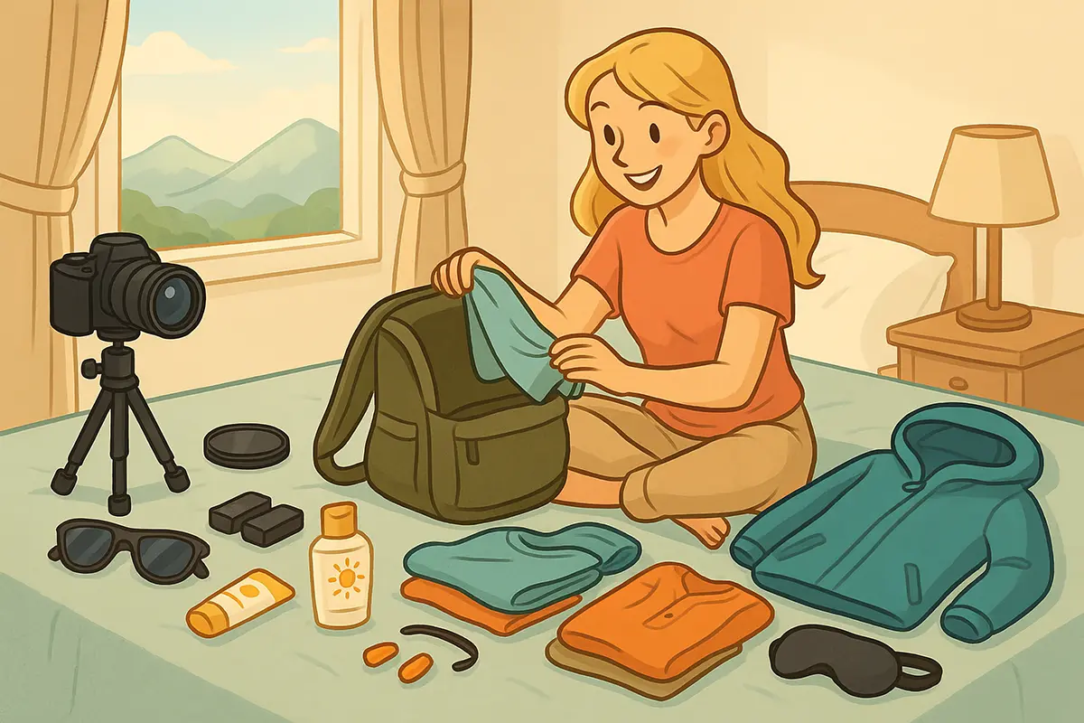 A woman sits on a bed packing a camera backpack with folded clothes and travel essentials - camera on a tripod, lens cap, memory cards, sunglasses, sunscreen, earplugs, and an eye mask - while mountain scenery is visible through the window.