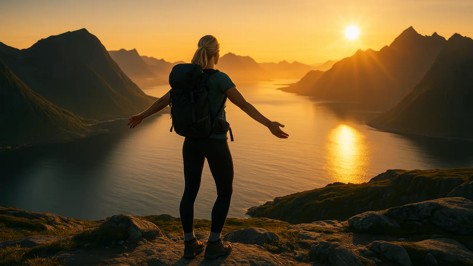 Alva standing on a mountaintop under the midnight sun in Norway