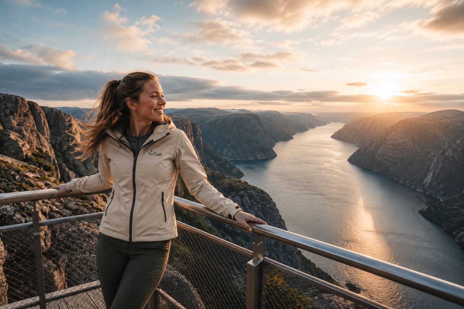 Mountain road and fjord landscape in Norway at dusk